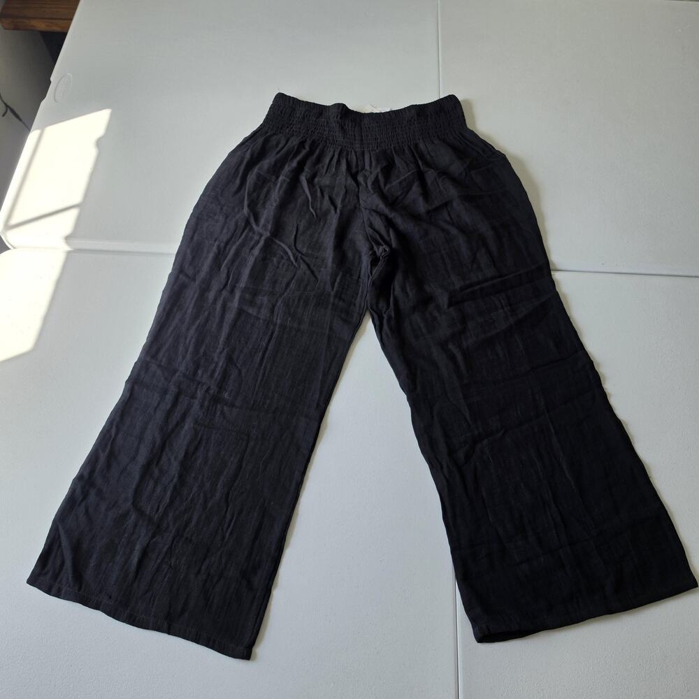 Lotus & Luna Pants Womens Petite Large Black Cotton Wide Leg Crop Elastic Waist